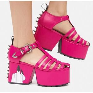 LAMODA x DOLLS KILL Middle Fingers Up Platform Sandals Hot Pink